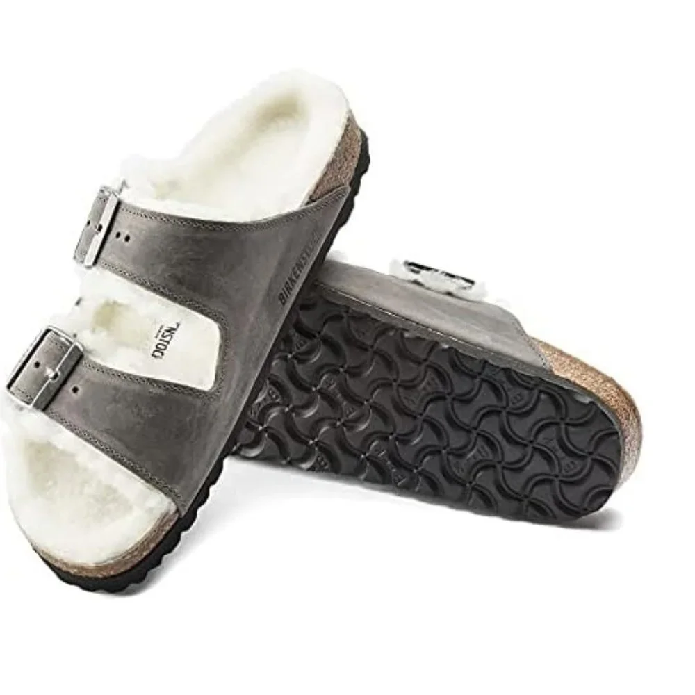 NWB! Birkenstock Men's Arizona Shearling Sandals, Iron/Natural, Grey, Tan,  8 US